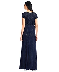 Adrianna Papell Women's Beaded Short-Sleeve Sheer-Overlay Gown
