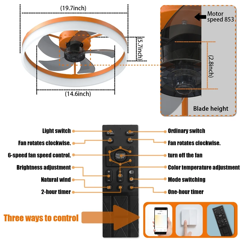 Streamdale Thin Modern Ceiling Fans with Dimmable Led Lights (Orange)