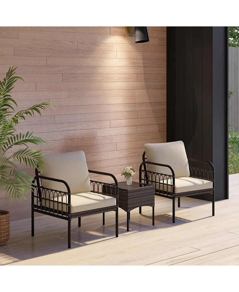Slickblue 3 Pieces Patio Wicker Conversation Set with Cushions and Tempered Glass Coffee Table-Beige