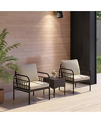 Slickblue 3 Pieces Patio Wicker Conversation Set with Cushions and Tempered Glass Coffee Table-Beige