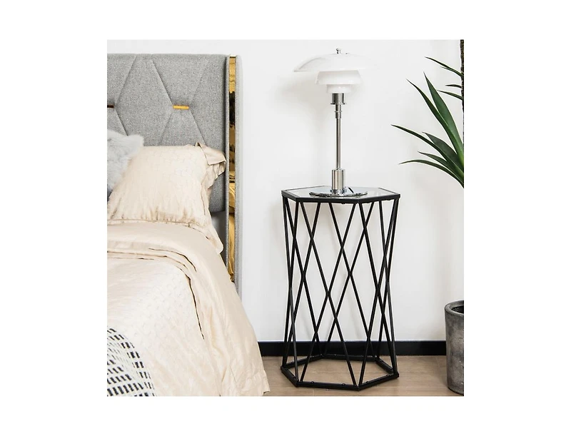 Slickblue Hexagonal Accent End Table with Tempered Glass Top and Metal Frame
