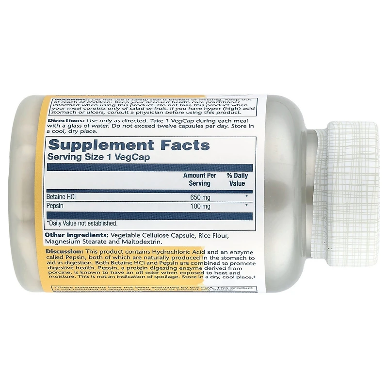 Solaray High Potency Betaine HCl with Pepsin - 100 VegCaps