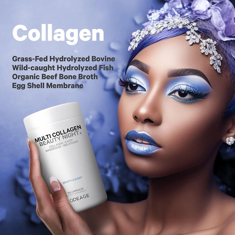 Multi Collagen Beauty Night Capsules - Magnesium, 5-htp, L-Theanine, Melatonin Supplement - 5 Types Collagen - Grass Fed Hydrolyzed Collagen Pills