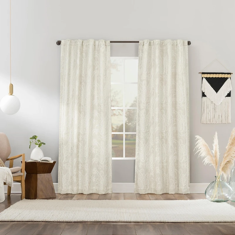 Pedra Paisley Embroidery 100% Blackout Back Tab Curtain Panel