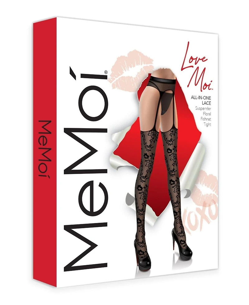 MeMoi Women's All-In-One Lace Suspender Floral Fishnet Tights