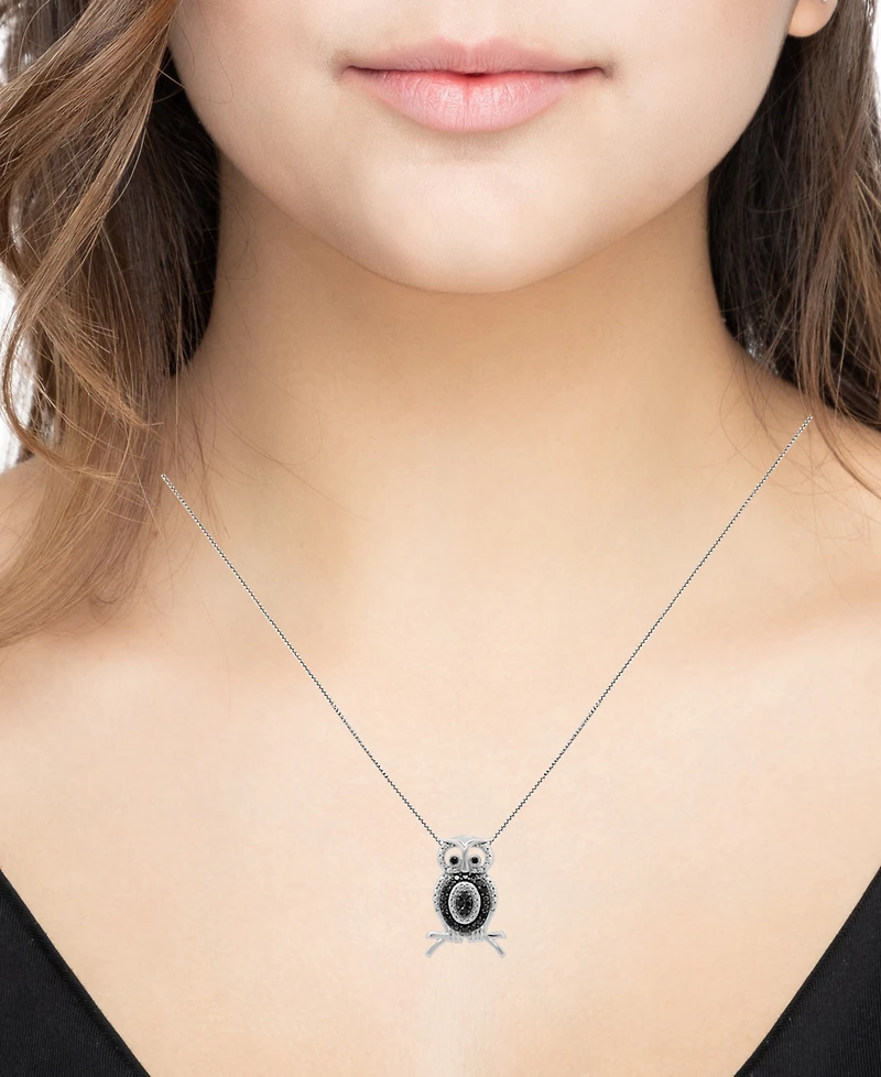 Black Diamond Owl 18" Pendant Necklace (1/6 ct. t.w.) in Sterling Silver