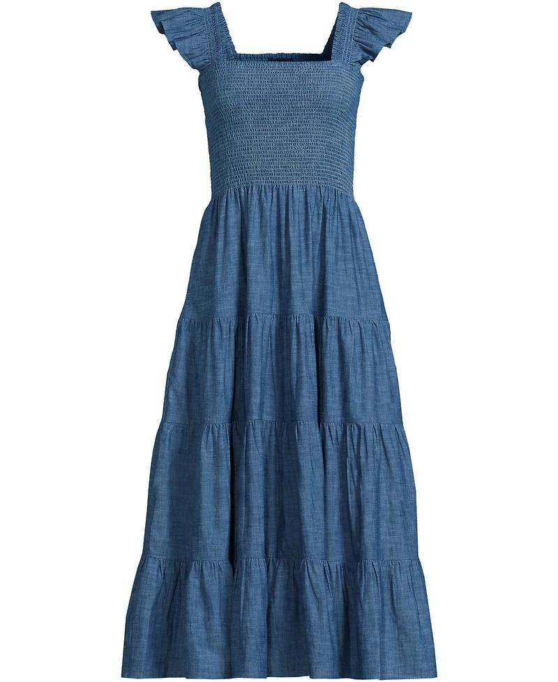 Lands' End Women's Chambray Smocked Dress with Ruffle Straps
