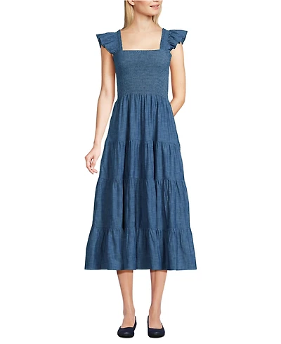 Lands' End Women's Chambray Smocked Dress with Ruffle Straps