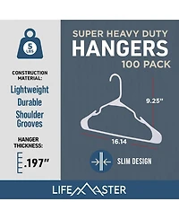 Lifemaster Plastic Clothes Hanger Set - 100 Pieces Versatile, Lightweight, Space-Saving, Non-Slip, Slim Designed, Dry and Wet Clothes Hanger Set