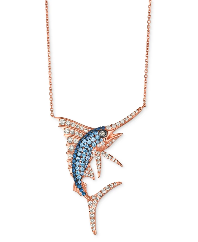 Le Vian Denim Ombre Sapphire (3/4 ct. t.w.), White Sapphire (1/2 ct. t.w.) & Diamond (1-1/6 ct. t.w.) Swordfish 18" Pendant Necklace in 14k Rose Gold