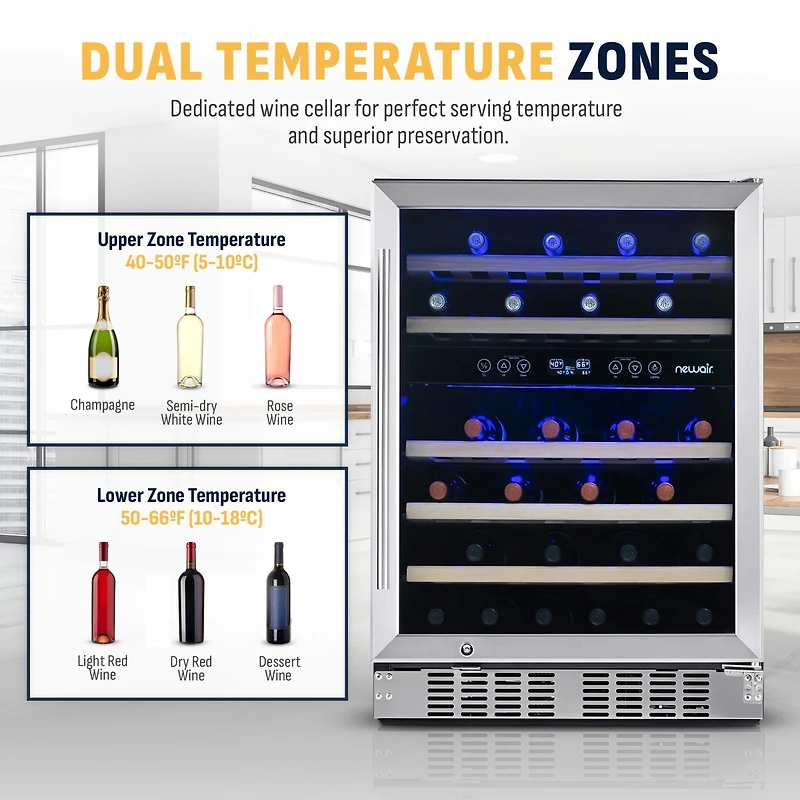 Newair 24 inch 46 Bottle Wine Cooler Refrigerator, Built-in Recessed Kickplate, Dual Zone Wine Fridge in Stainless Steel