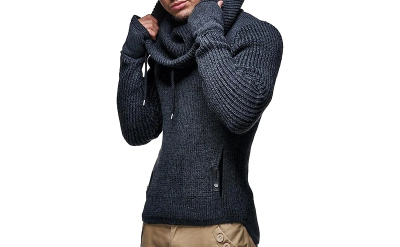 Leif Nelson Men's Cowl Neck Knitted Pullover with Thumbhole Cuffs