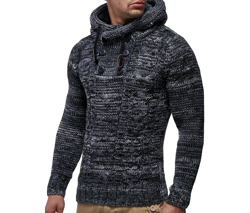 Leif Nelson Men's Knit Hoodie Sweater with Button Accents – Cable Design