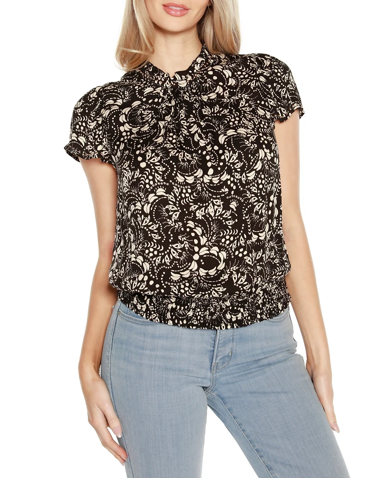 Belldini Black Label Embellished Printed Cap-Sleeve Blouse