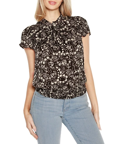 Belldini Black Label Embellished Printed Cap-Sleeve Blouse