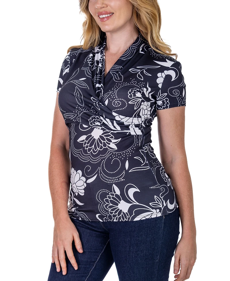 24seven Comfort Apparel Print Short Sleeve V Neck Wrap Top