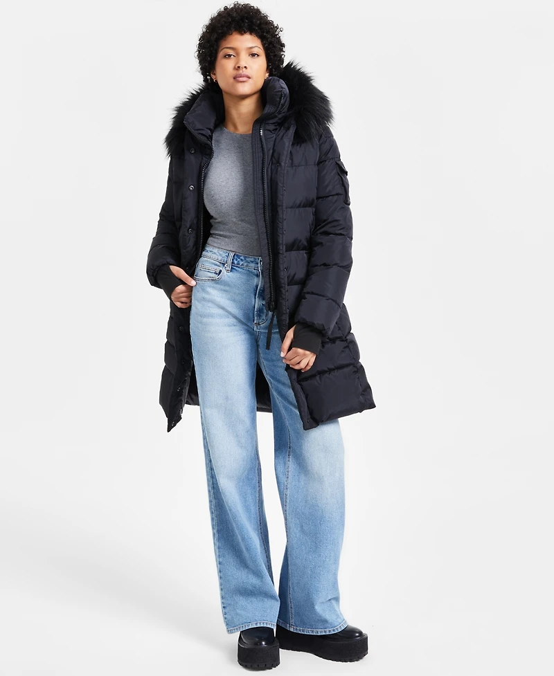 S13 Women's Chalet Faux-Fur-Trim Hooded Belted Puffer Coat