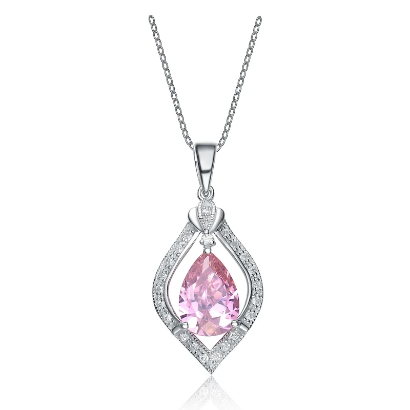 Sterling Silver White Gold Plated with Pink Teardrop and White Cubic Zirconia Pendant