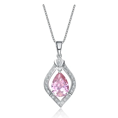 Sterling Silver White Gold Plated with Pink Teardrop and White Cubic Zirconia Pendant