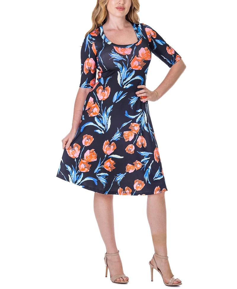 24seven Comfort Apparel Print Knee Length Elbow Sleeve Dress