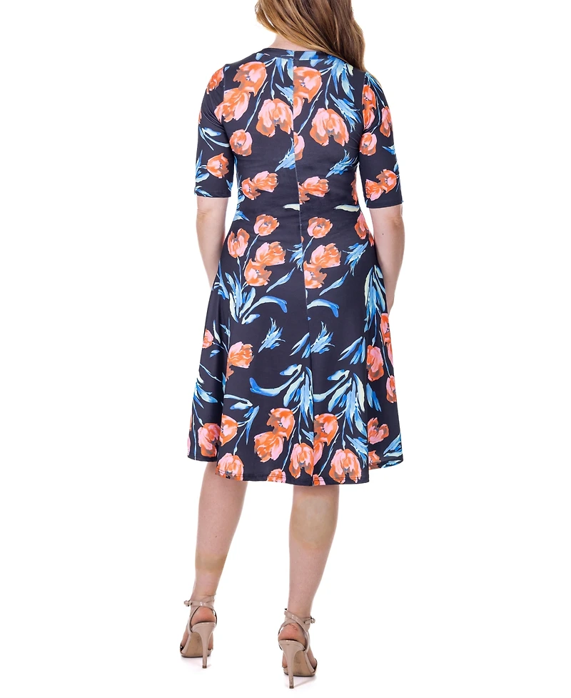 24seven Comfort Apparel Print Knee Length Elbow Sleeve Dress