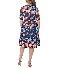 24seven Comfort Apparel Print Knee Length Elbow Sleeve Dress