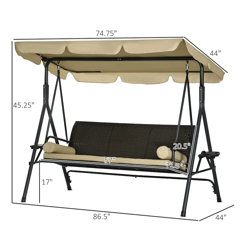 Outsunny 3-Seat Porch Swing with Canopy Outdoor Swing with Cushion, Pillows
