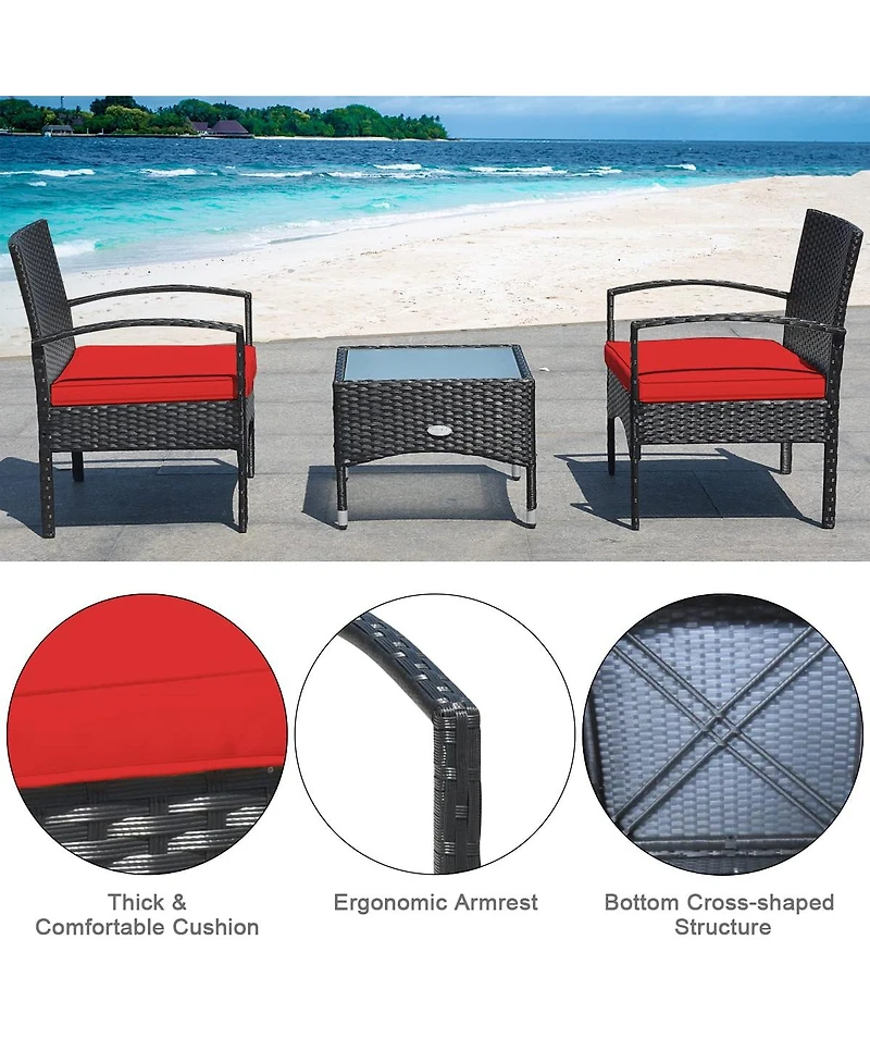 Sugift 3 Pieces Patio Wicker Rattan Furniture Set with Cushion for Lawn Backyard