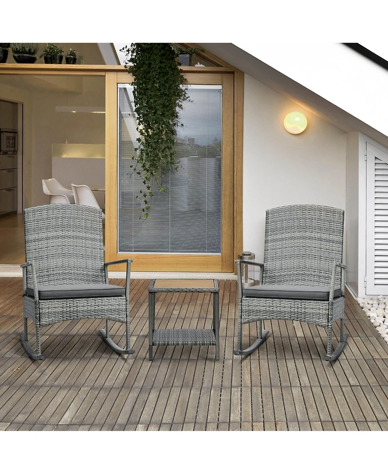 Outsunny 3pc Outdoor Rocking Chair Set, Pe Rat, 2-Tier Wood Table,