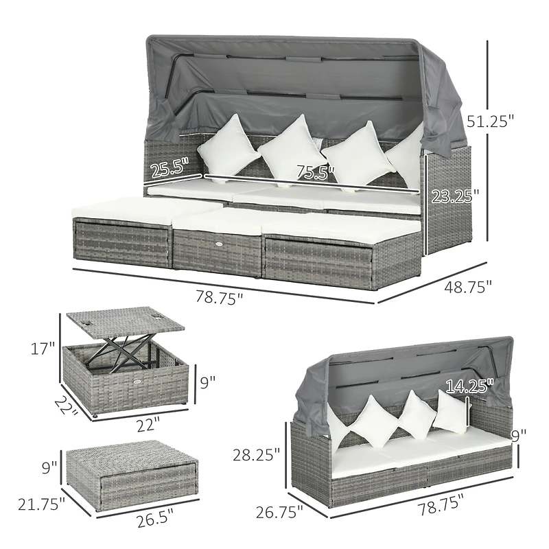 4 Piece Adjustable Canopy Outdoor Rat Sofa Set, Light