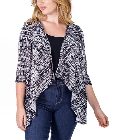 24seven Comfort Apparel Print Elbow Length Sleeve Open Cardigan