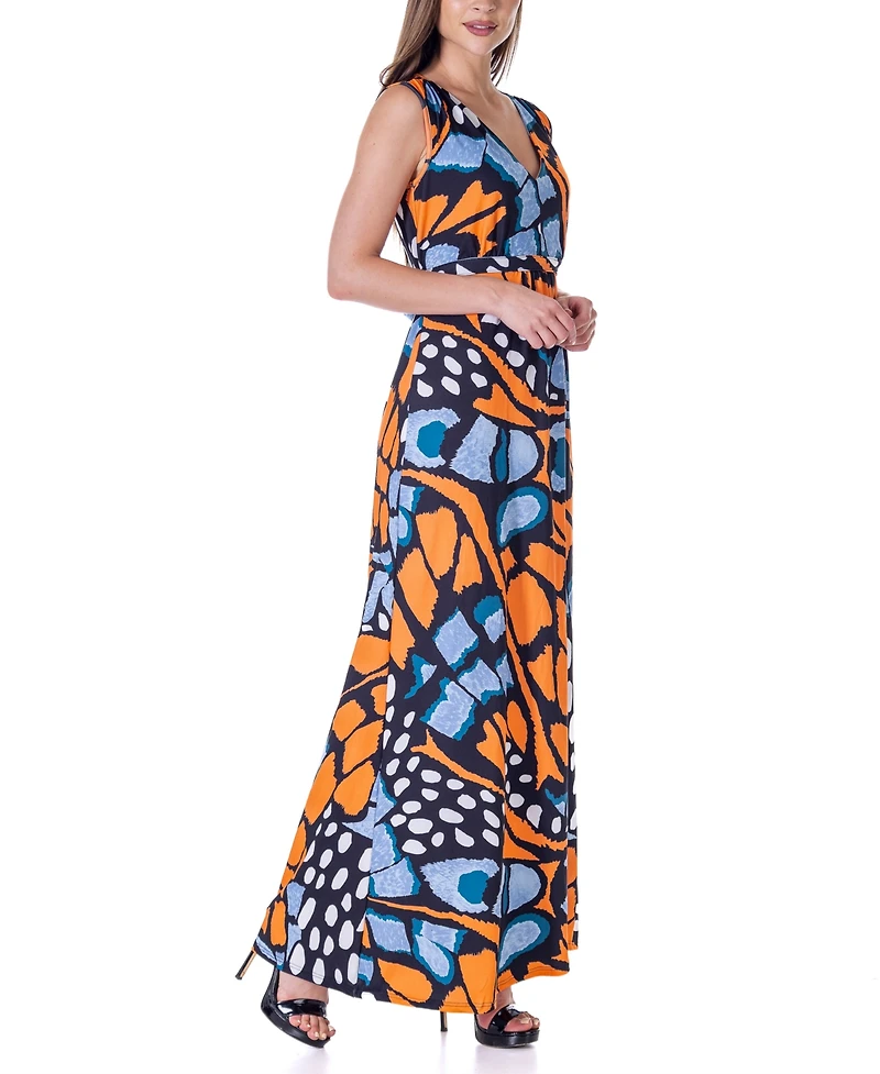 24seven Comfort Apparel Green V Neck Empire Waist Sleeveless Maxi Dress