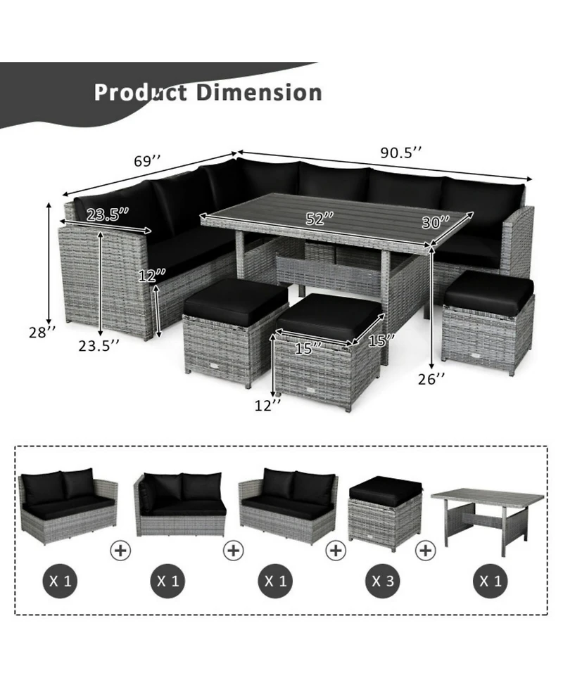 Sugift 7 Pieces Outdoor Wicker Sectional Sofa Set with Dining Table
