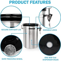Coffee Storage Canister with Scoop, Date Tracker, Built-In One-Way CO2 Valve & 2 Spare Filter Replacements