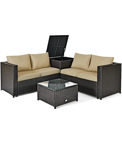 Sugift 4 Pieces Outdoor Patio Rattan Furniture Set with Loveseat and Storage Box