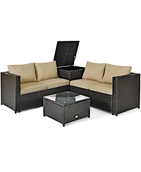 Sugift 4 Pieces Outdoor Patio Rattan Furniture Set with Loveseat and Storage Box
