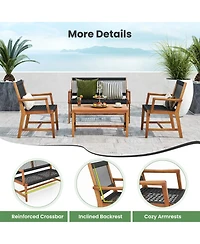 4 Pieces Acacia Wood Patio Conversation Table and Chair Set with Hand Woven Rope