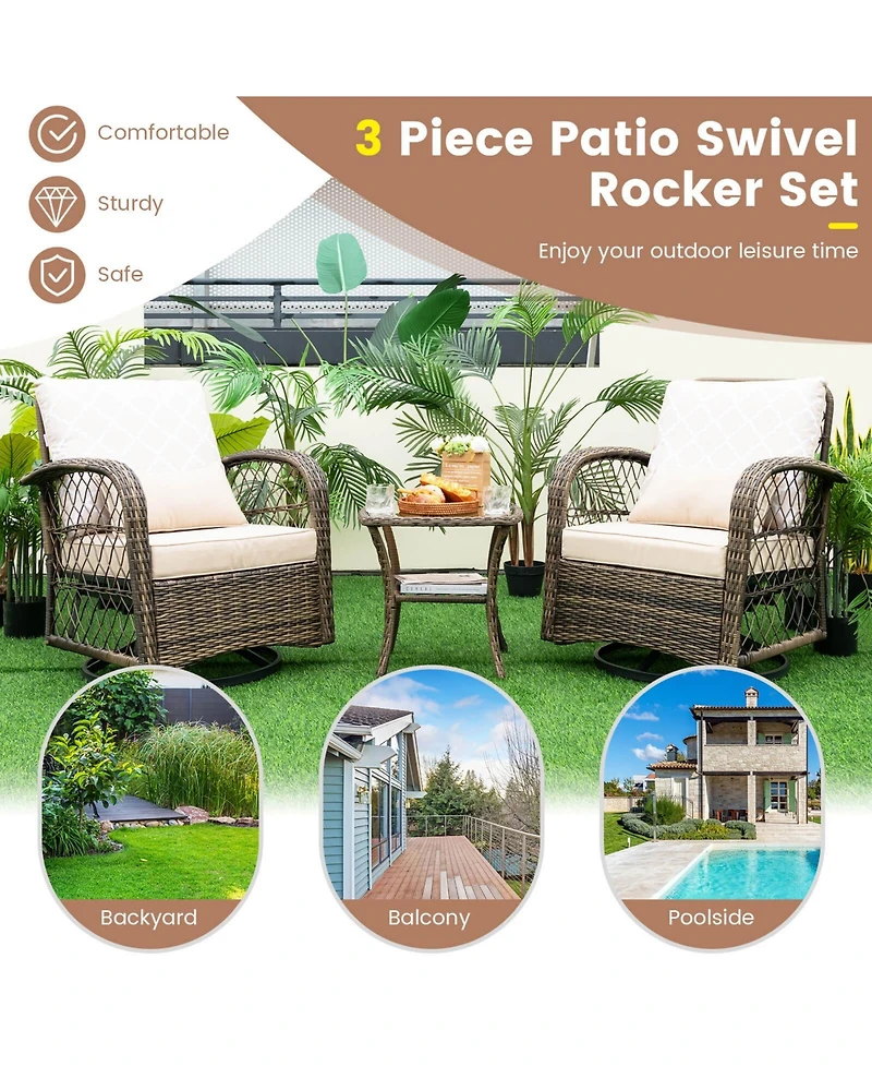Sugift 3 Pieces Outdoor Wicker Conversation Set with Tempered Glass Coffee Table