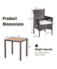 3 Pieces Patio Wicker Furniture Set wih Acacia Wood Table Top and Chair Cushiones