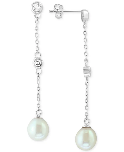 Effy Freshwater Pearl (7mm) & White Topaz (1/5 ct. t.w.) Linear Drop Earrings in Sterling Silver