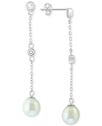 Effy Freshwater Pearl (7mm) & White Topaz (1/5 ct. t.w.) Linear Drop Earrings in Sterling Silver