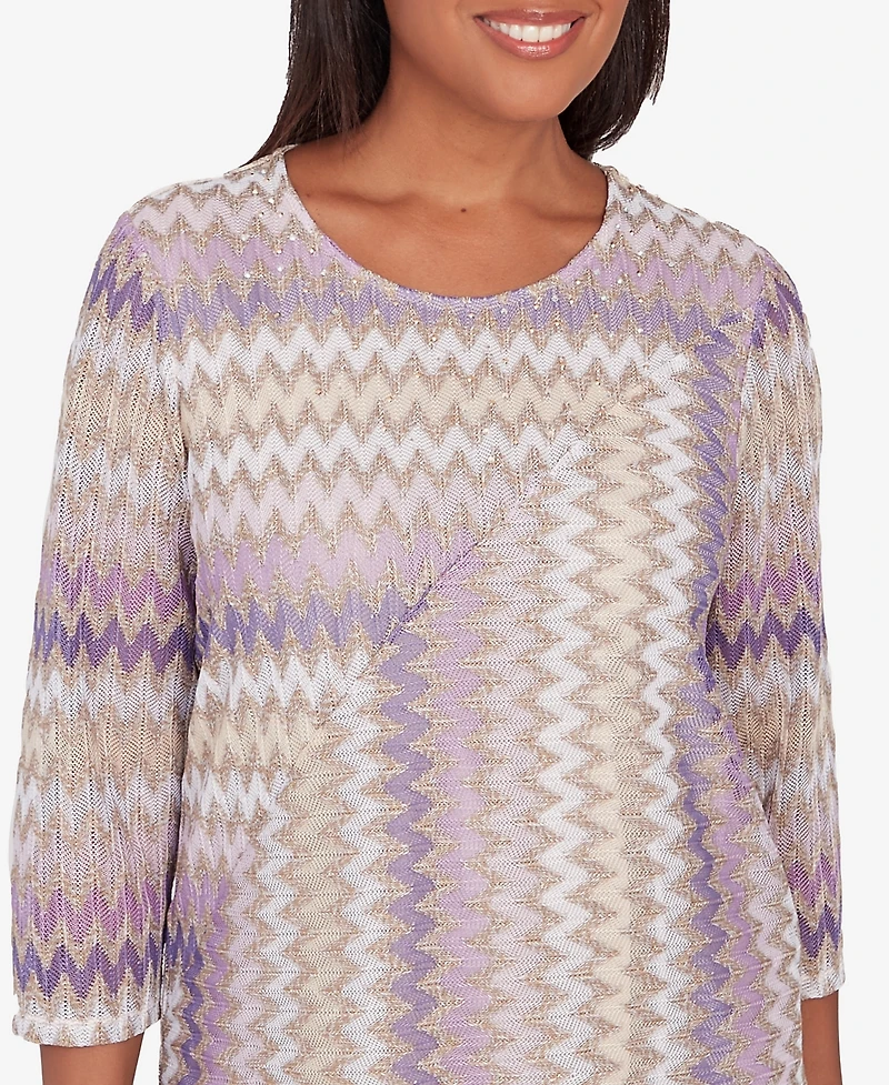 Alfred Dunner Charm School Women's Sparkling Zig Zag Stripe Top