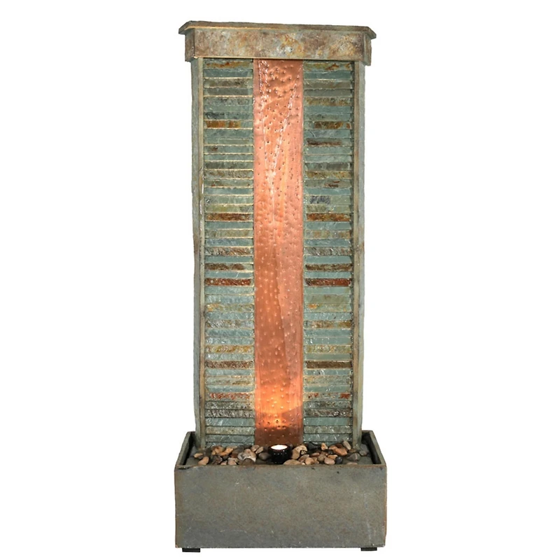 48"H Electric Natural Slate with Copper Accents Rippled Column Outdoor Water Fountain with Led Spotlight
