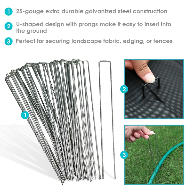 100 Pack Galvanized Garden Stakes - Landscape Staples - U Shaped Garden Staples - Landscape Yard Stakes for Gardening - 12 Inch