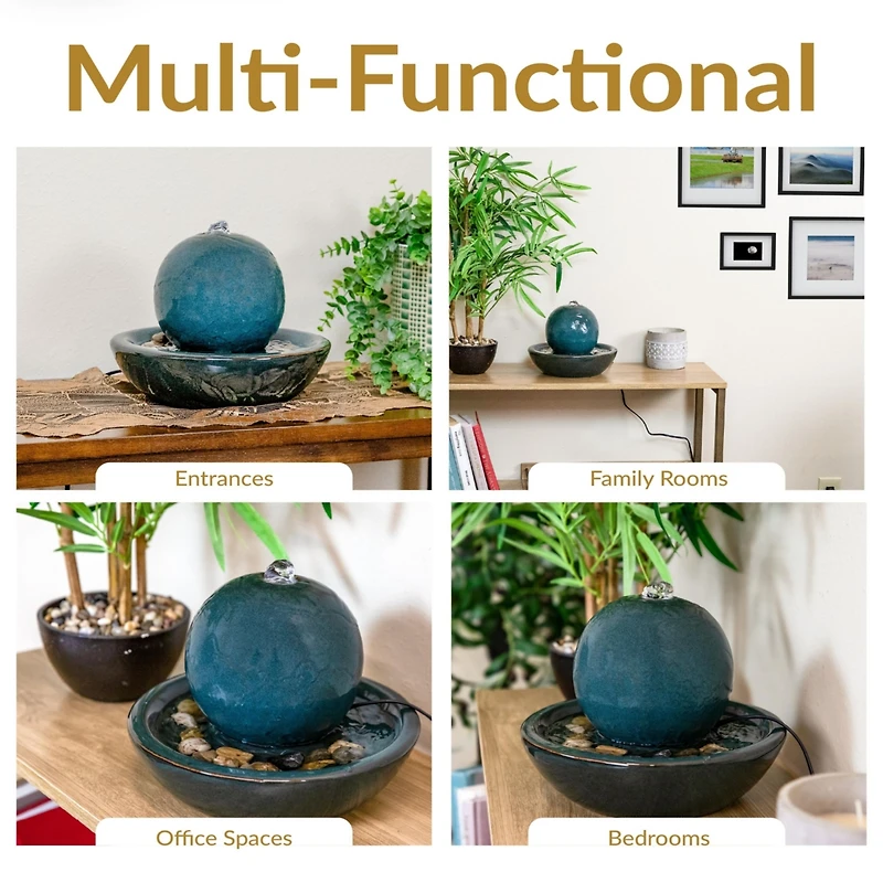 Indoor Home Decorative Smooth Glazed Ceramic Orb Tabletop Water Fountain Feature - 7" - Teal