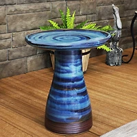 21" H Ceramic Bird Bath for Outside - Hand-Painted Outdoor Bird Bath Bowl, Uv/Frost-Resistant Finish - Galaxy Blue - Ribbed Pedestal