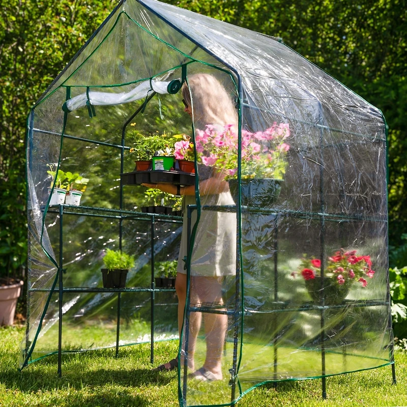 Outdoor Portable Growing Rack Grandeur Mini Walk-In Greenhouse with Roll-Up Door - 4 Shelves - Clear