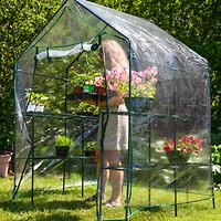 Outdoor Portable Growing Rack Grandeur Mini Walk-In Greenhouse with Roll-Up Door - 4 Shelves - Clear