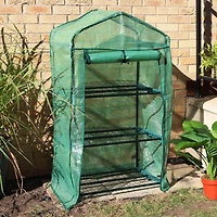 Outdoor Portable 3-Tier Mini Greenhouse with Roll-up Zippered Door and Steel Wire Shelves - Green
