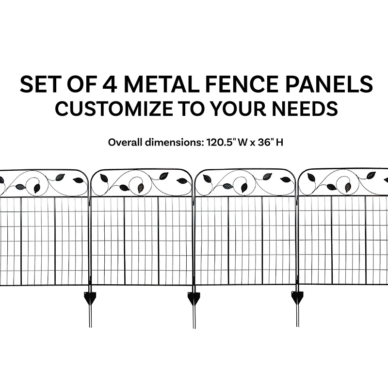 Winding Vines 10-Foot 4-Piece Steel Decorative Garden Fence Panels - 30" W x 36" H Per Panel - Black
